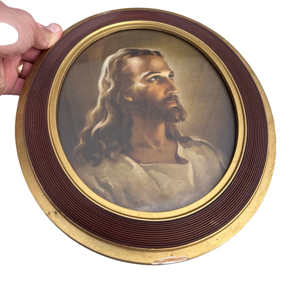 Vintage 1940 Warner Sallman? Head of Christ Kriebel & Bates? Litho Framed Oval